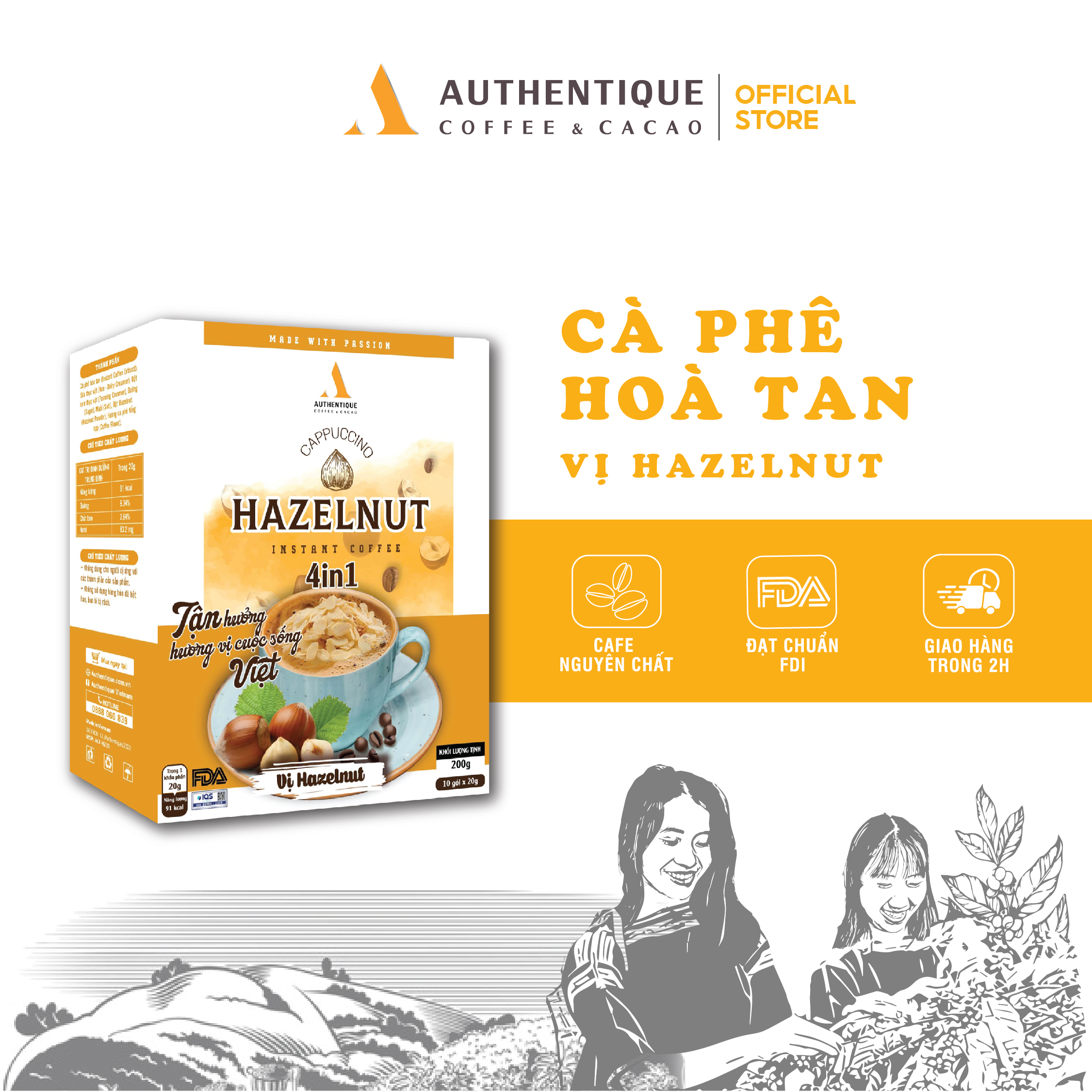 Cà phê hòa tan Authentique vị Hazelnut 4in1 (Hộp 10Gói x 20G) | Cappuccino Hazelnut Authentique Instant Coffee