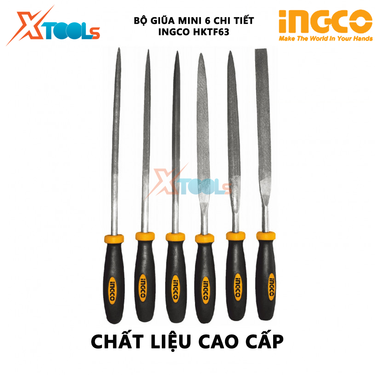 Bộ giũa mini 6 chi tiết INGCO HKTF63 | Bộ 6 giũa sắt Kích thước 4"(140mm) đường kinh 3mm chất liệu cao cấp XTOOLs