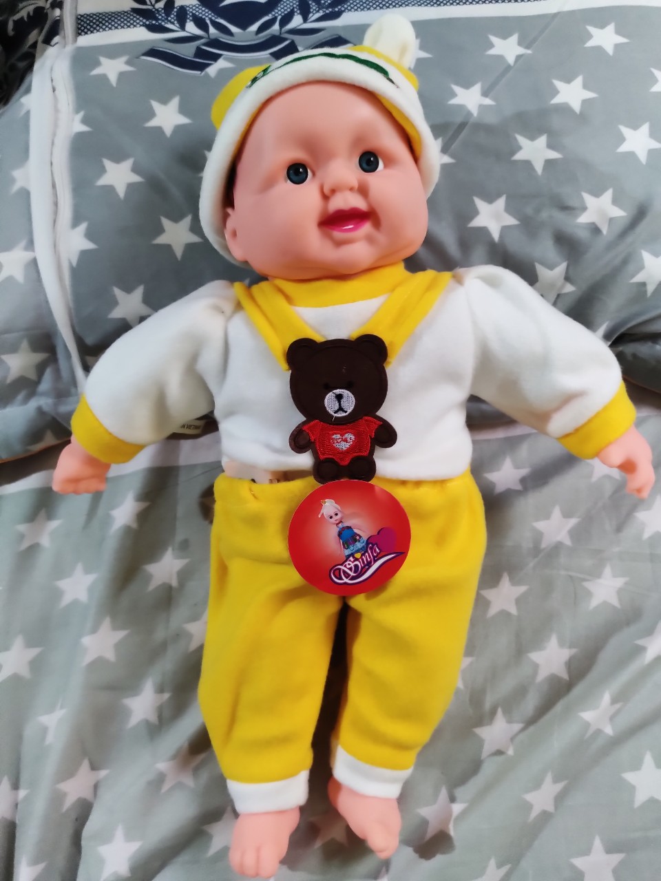 Búp bê sơ sinh bé trai biết cười khi chạm vào búp mê , mình bông mềm nặng 400g dài 40cm màu đỏ / xanh / vàng