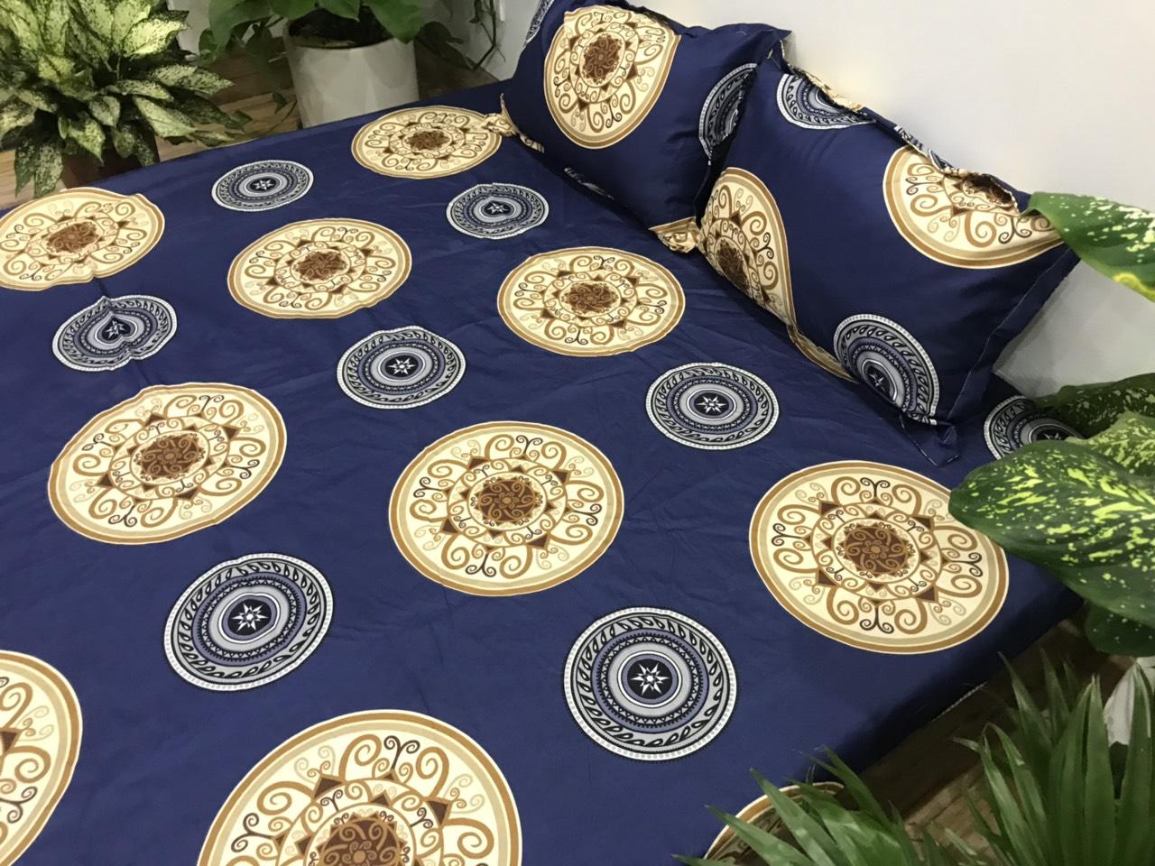 Set Ga Gối Cotton Poly Mẫu Đồng Xu ( gồm 1 ga + 2 vỏ gối )