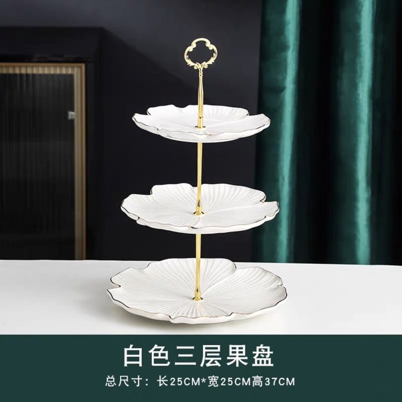 Khay kệ đựng bánh kẹo hoa quả mứt tết bằng sứ 3 tầng cao cấp sanh chảnh inox mạ vàng