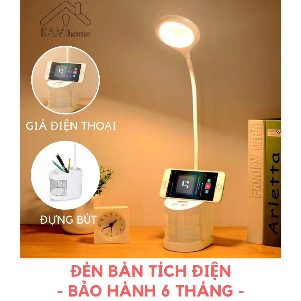 Đèn học để bàn chống cận thị sạc tích điện Bóng led siêu bền 3 chế độ sáng Pin dung lượng lớn 1.200mAh có Giá điện thoại và đựng đồ hình Vuông mã TGX7010