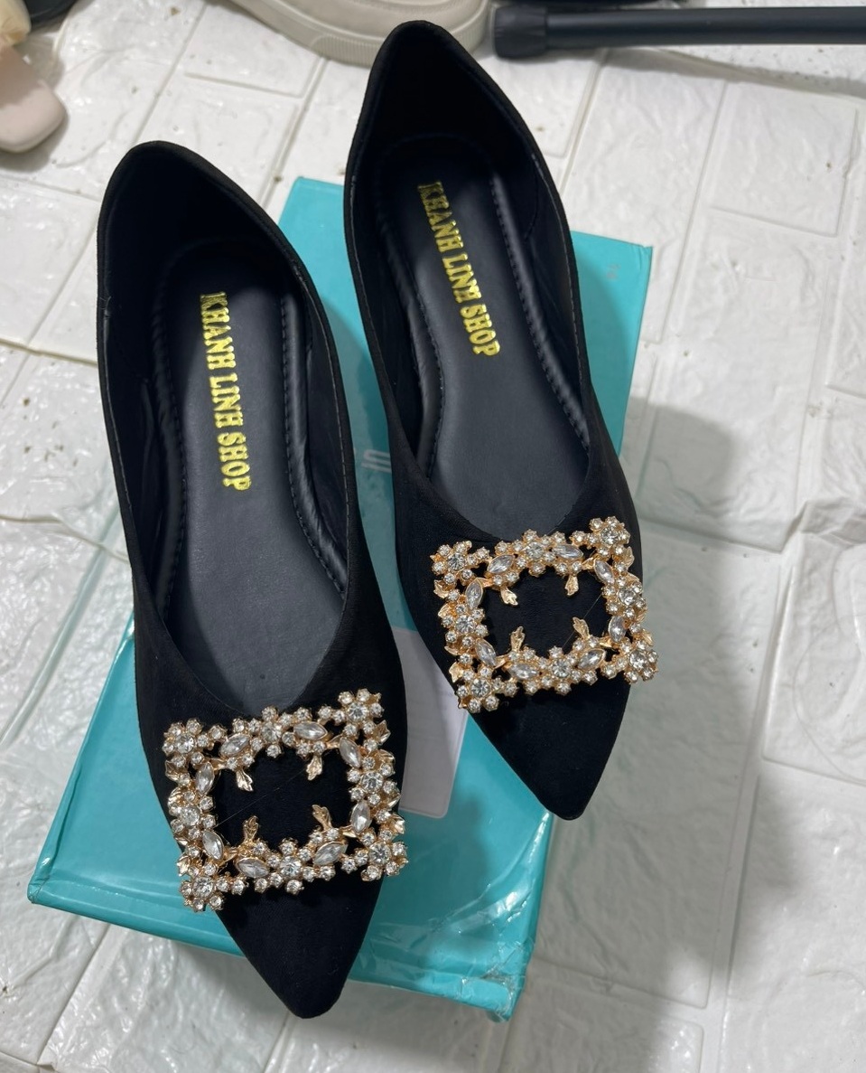 Giày búp bê công sở mũi nhọn da lộn khoá chữ đế bệt cực dễ đi ảnh thật shop chụp