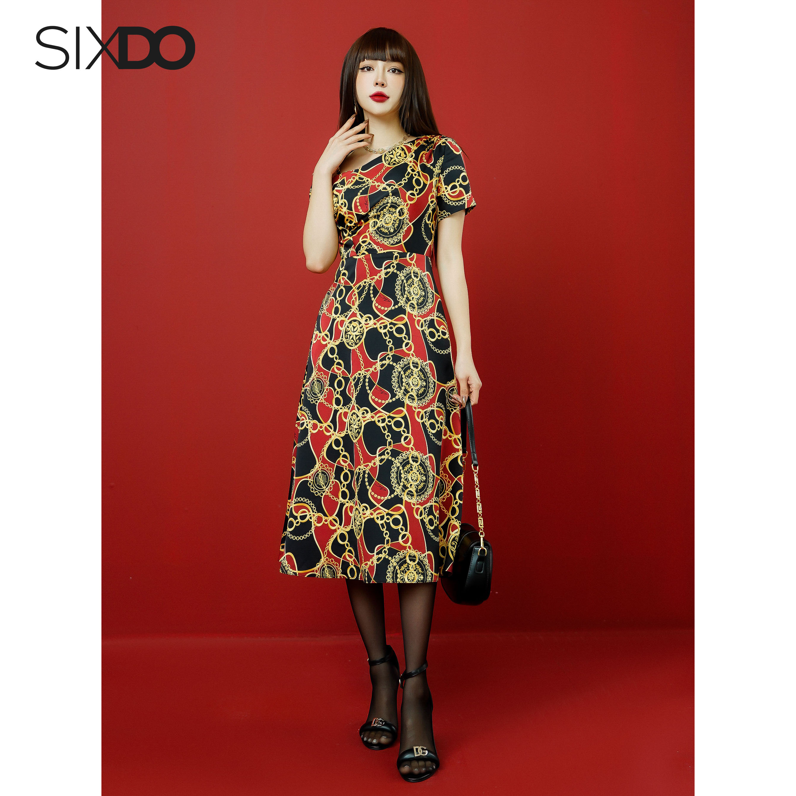 Đầm lụa họa tiết baroque cổ lệch SIXDO