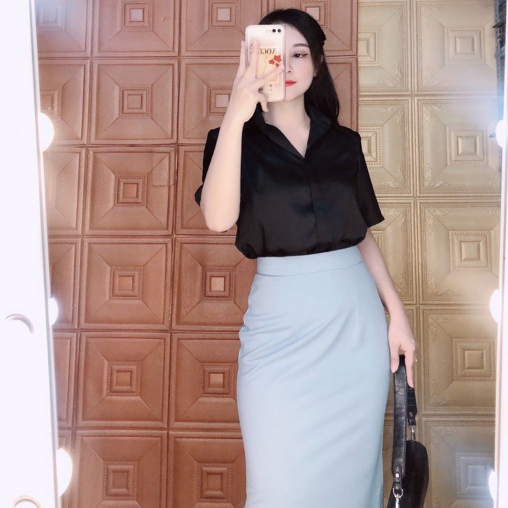 Sơ mi lụa nữ, công sở ngắn tay, màu trắng, đen, kiểu hàn quốc, chất lụa mịn mát, có co giãn