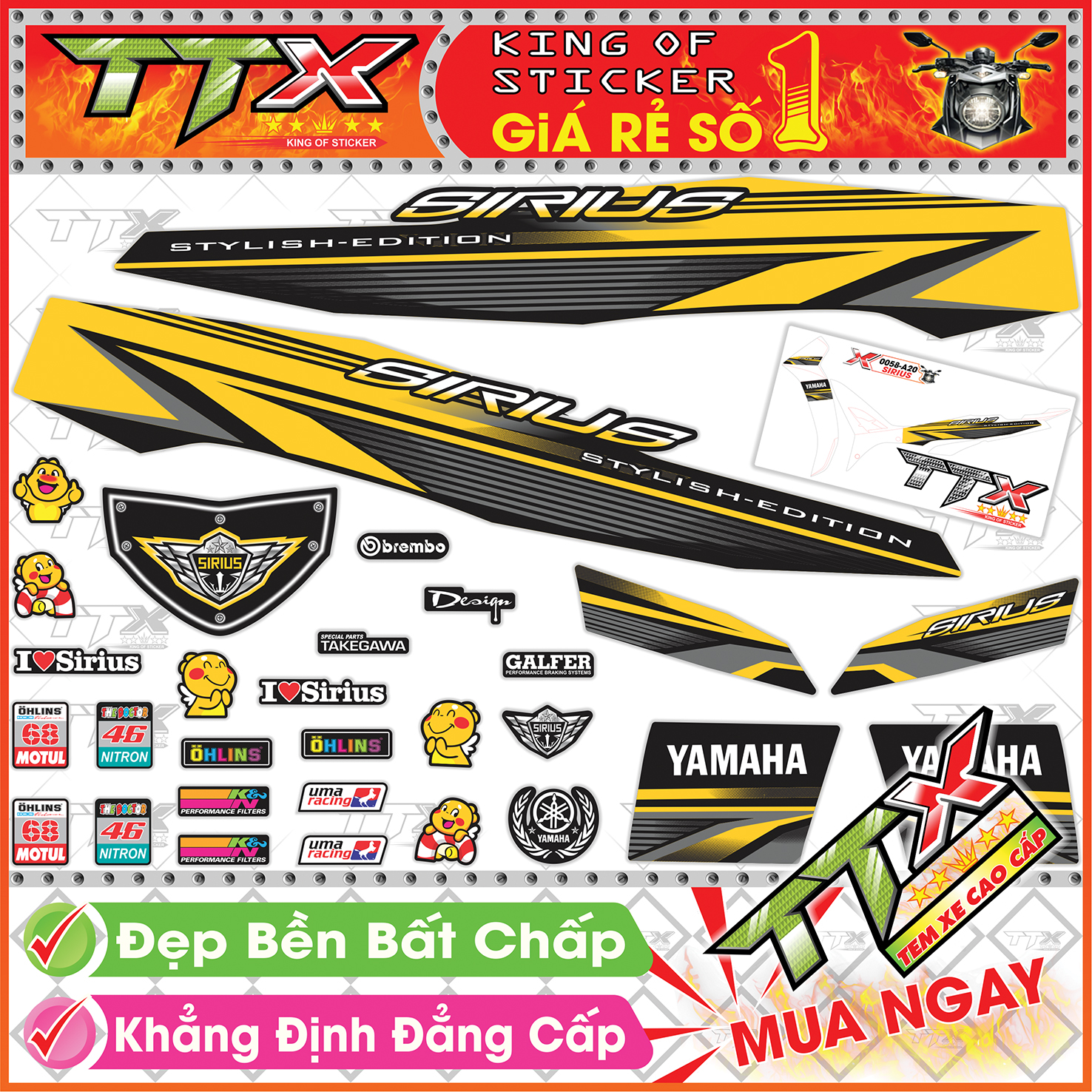 Tem xe sirius vàng xám đen - tem sirius đen vàng xám viền chỉ siêu đẹp - mẫu team sirius vàng xám đen