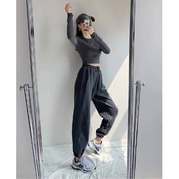 Quần Sweatpants Jogger Xám Đậm Dây Rút Bo Gấu  I'M BASIC Ống Rộng Nỉ Tăm Nam Nữ Unisex Qjg01