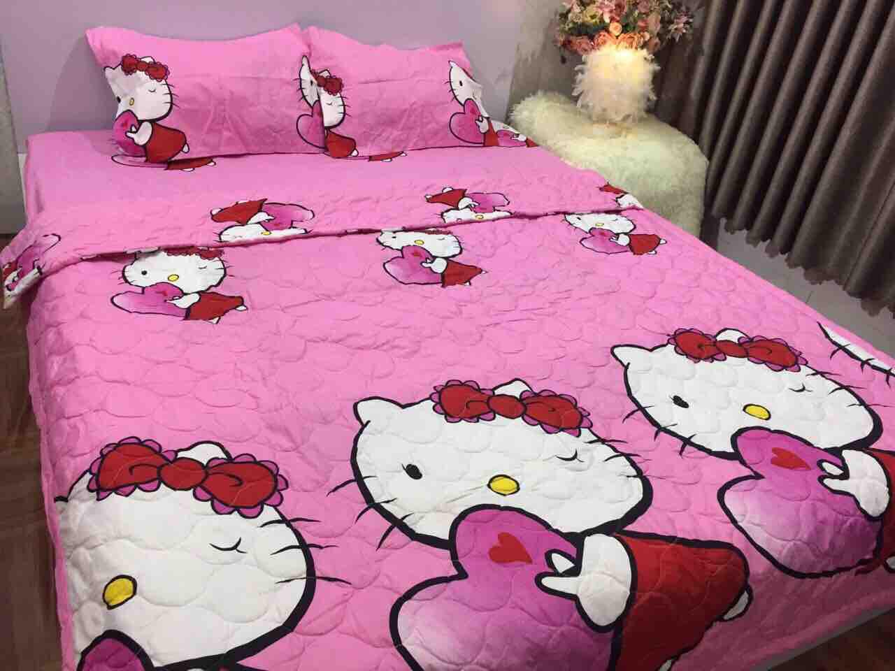 Bộ Chăn Ga Gối Combo 5 Món , Kitty Ôm Tim , Chất Liệu Bền Đẹp, Không Phai, Không Xù, Mẫu Mã Kích Cỡ Đa Dạng