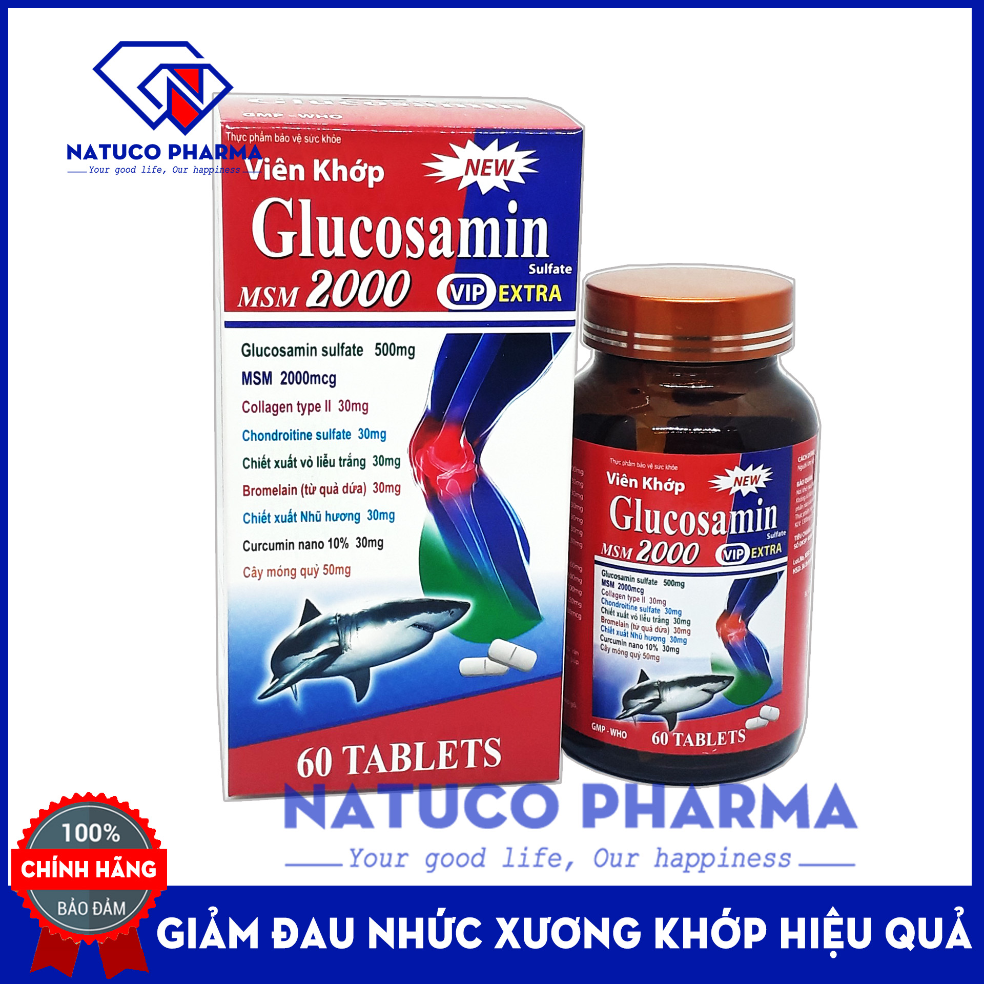 GLUCOSAMIN MSM 2000 VIP - Hết đau nhức xương khớp, thoái hóa cột sống, làm trơn ổ khớp giúp vận động dễ dàng - Hộp 60 viên chuẩn GMP Bộ y tế