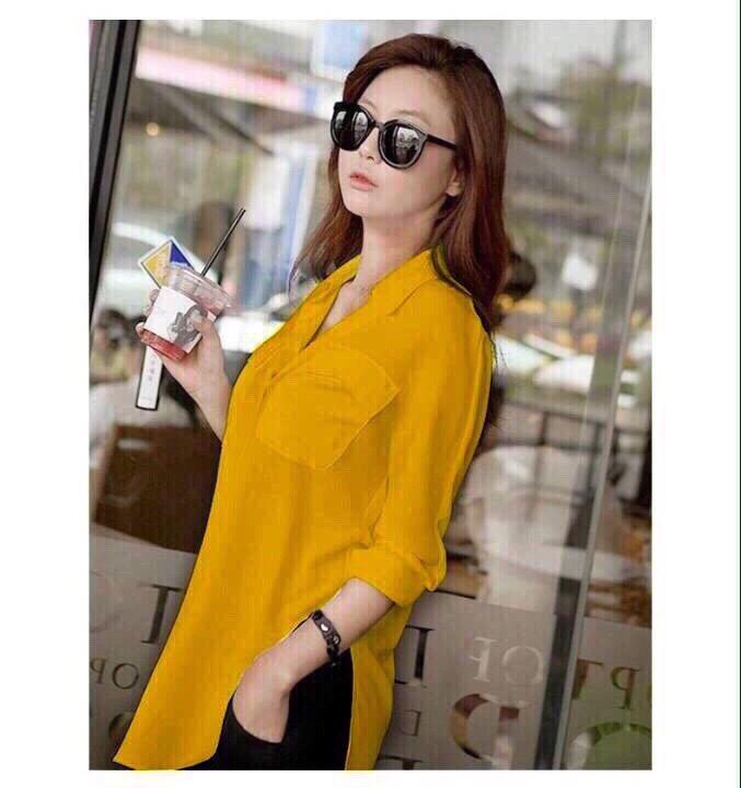 Áo sơ mi form dài xẻ eo dv2036
