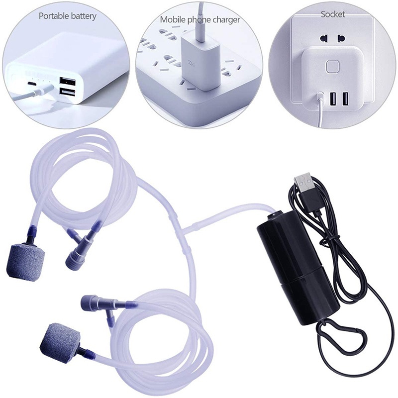 Máy Bơm Oxy Cho Bể Cá Cổng USB 5V Có 2 Đầu Thổi oxy (Tặng Cục Nguồn)