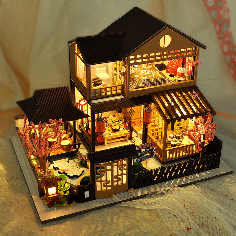 Mô hình nhà búp bê lắp ghép bằng gỗ Dollhouse Mẫu Sakura villa tặng kèm MICA chắn bụi dụng cụ lắp ghép quà tặng sinh nhật