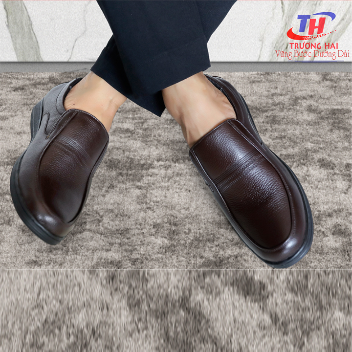 Giày nam công sở mũi tròn Trường Hải màu nâu da bò thật cao cấp đế cao su không trơn  GT08
