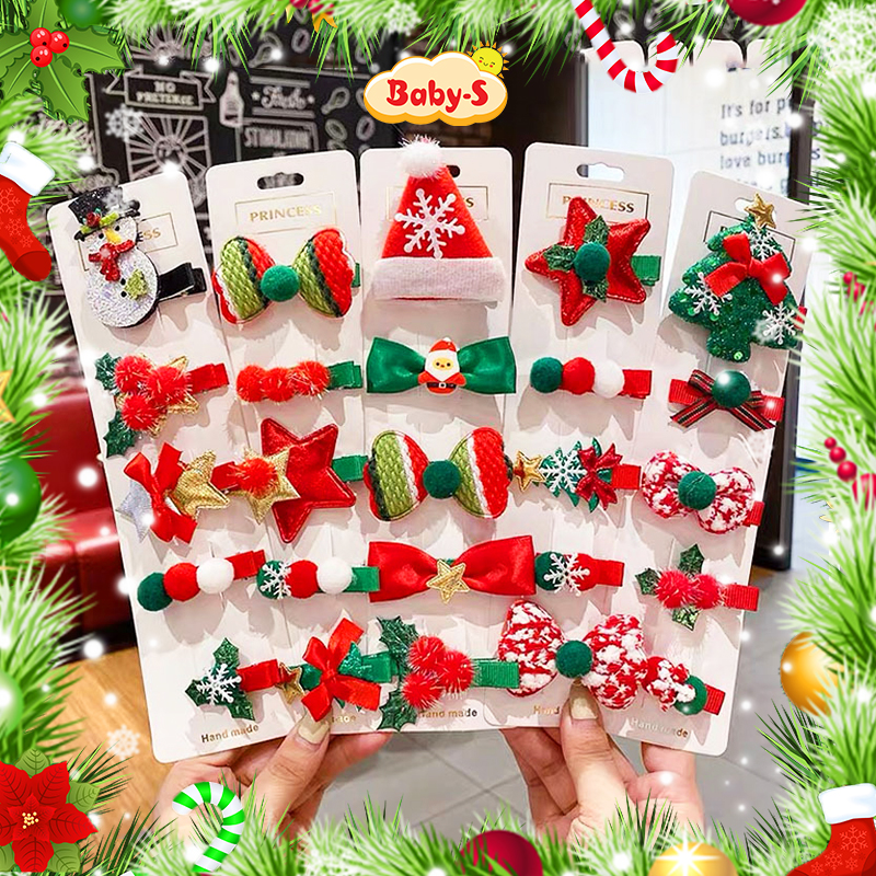 Kẹp tóc Giáng sinh nhiều họa tiết đáng yêu Baby-S, Set 5 kẹp tóc Noel phối màu xanh đỏ chủ đạo xinh xắn – SNOEL004