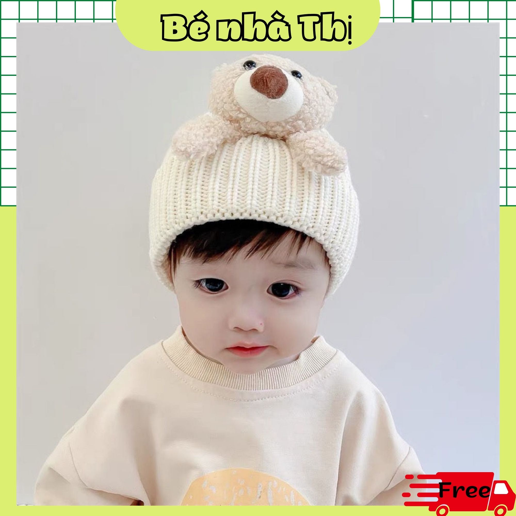 Mũ len cho bé Mũ len gấu đáng yêu cho bé trai bé gái phong cách Hàn Quốc