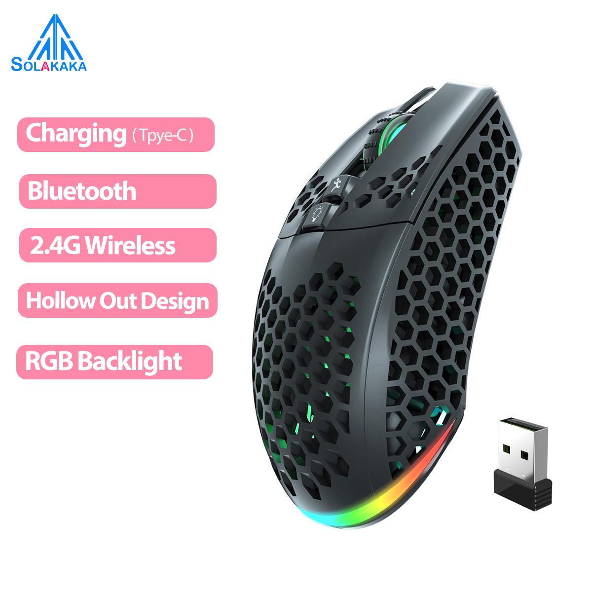 SOLAKAKA Bluetooth + 2.4G Không Dây Chuột Chơi Game 3 Chế Độ RGB Có Thể Sạc Lại 800-4000 DPI Với Hộp Tổ Ong, Quang Học Công Thái Học Máy Tính Chơi Game Chuột Cho Máy Tính Xách Tay PC