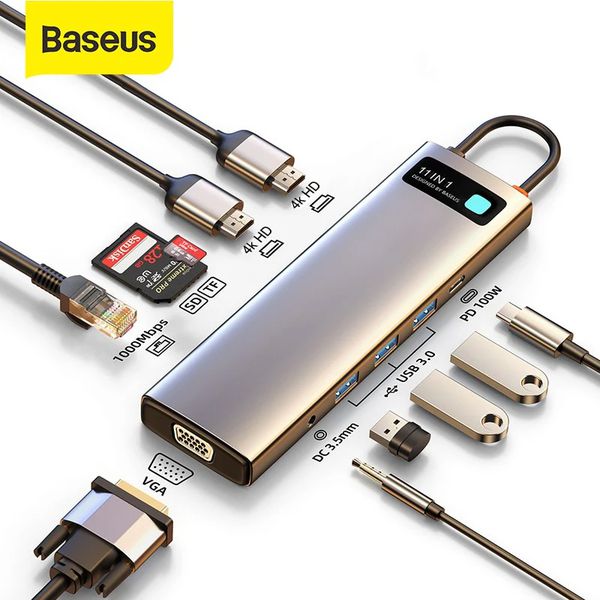 Baseus usb c hub to hdmi-compatible vga usb 3.0 adapter 11 in 1 usb type c hub dock for macbook pro air pd rj45 sd card reader