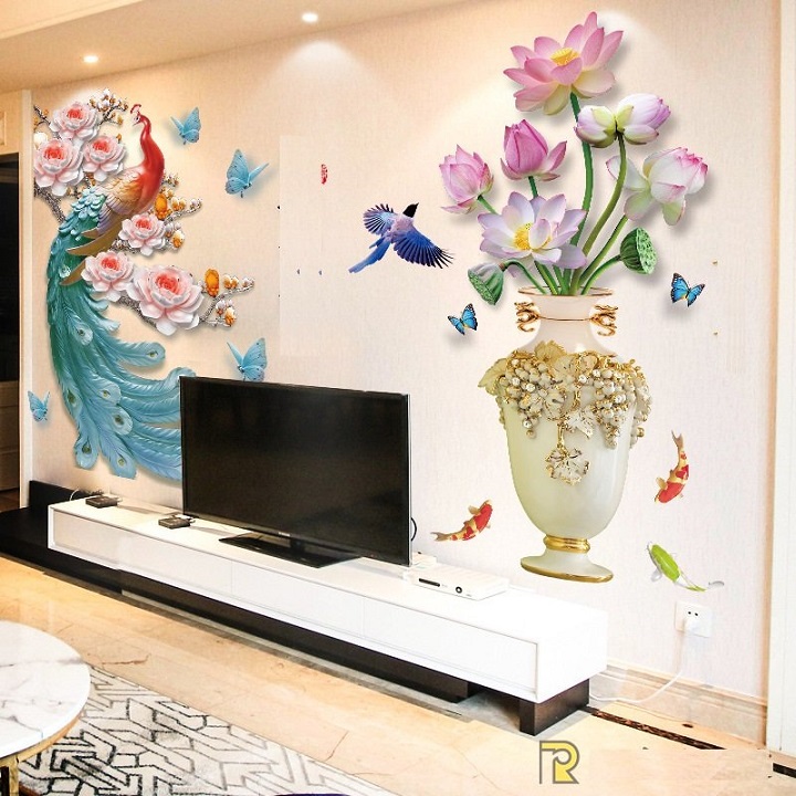 DECAL DÁN TƯỜNG TẾT CHIM CÔNG VÀ BÌNH HOA PHONG THỦY 5