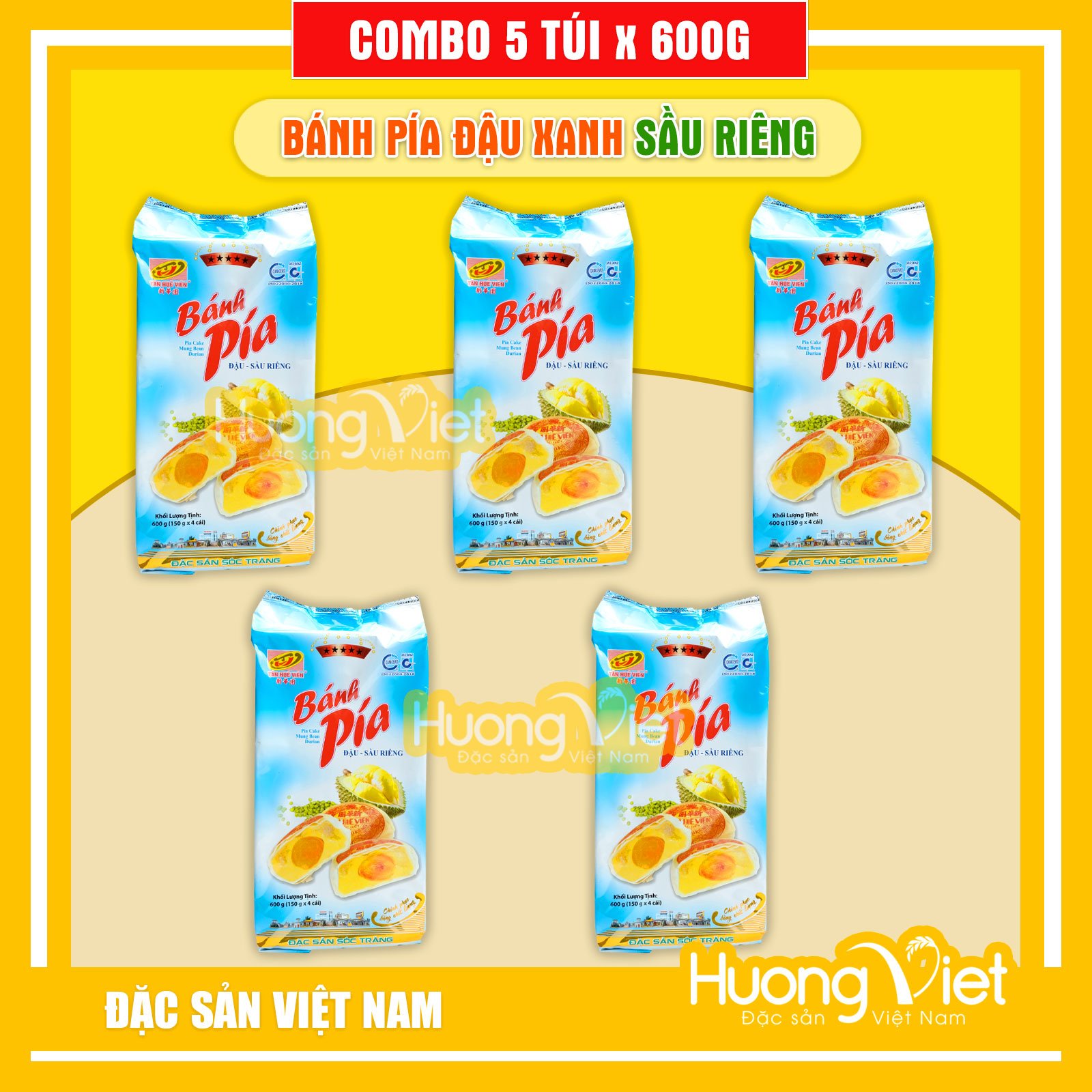 Combo 5 gói bánh pía 5 SAO đậu xanh sầu riêng 1 trứng 600gr, bánh pía Tân Huê Viên, bánh pía Sóc Trăng