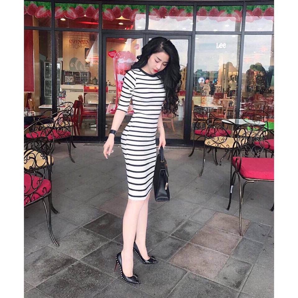 Đầm Body Thun 4 Chiều Kẻ Sọc Ngang Tay Dài
