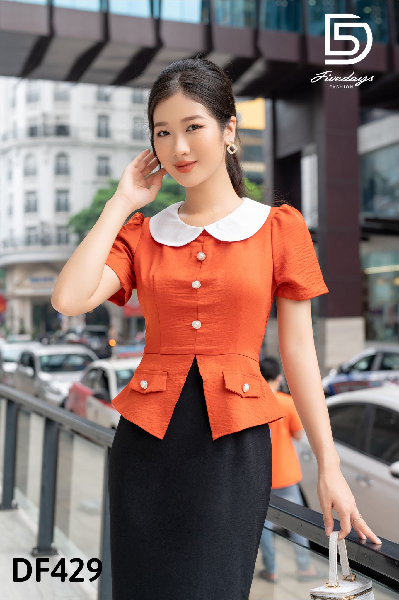 Fivedays - Đầm Peplum cổ sen trắng