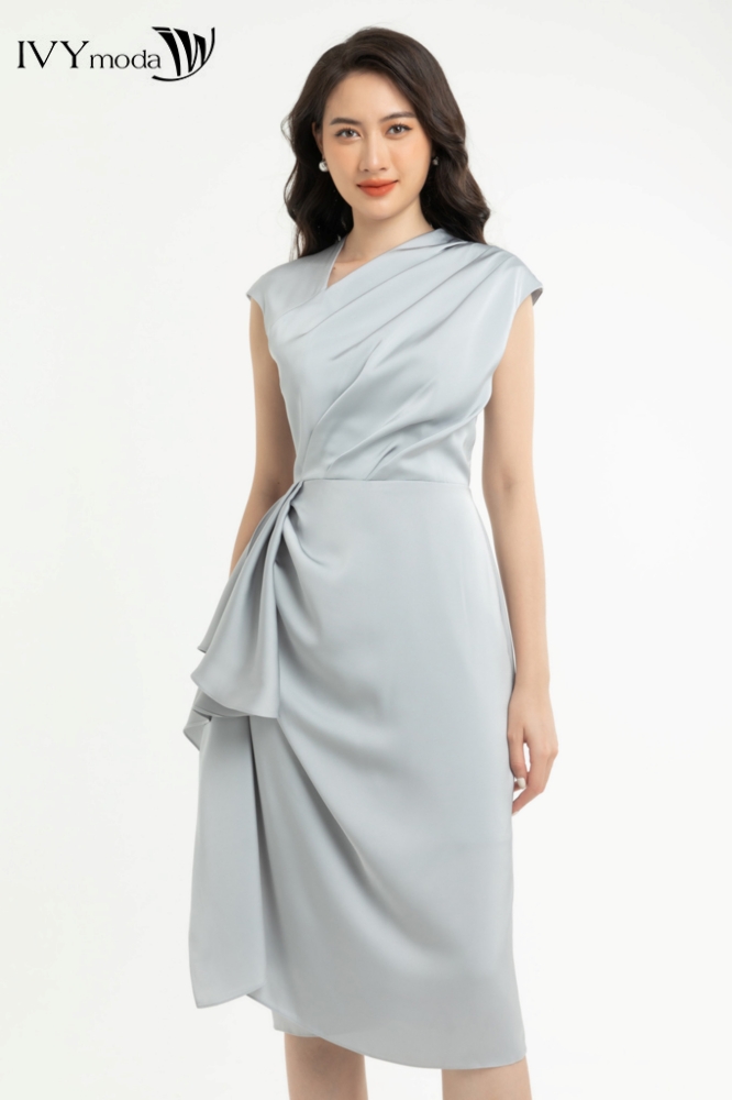 Đầm lụa xếp cổ chéo IVY moda MS 41M8057