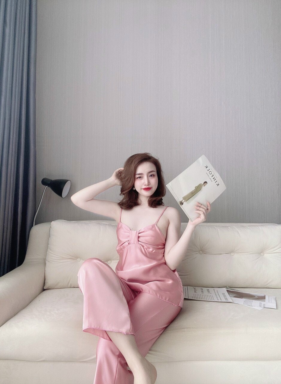 Đồ ngủ lụa nơ satin quần dài dễ thương cao cấp
