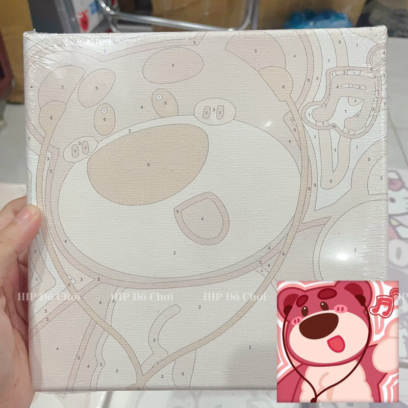 Diy bộ tranh đính đá, tranh số hóa gấu dâu cute khung gỗ căng sẵn 20x20 cm