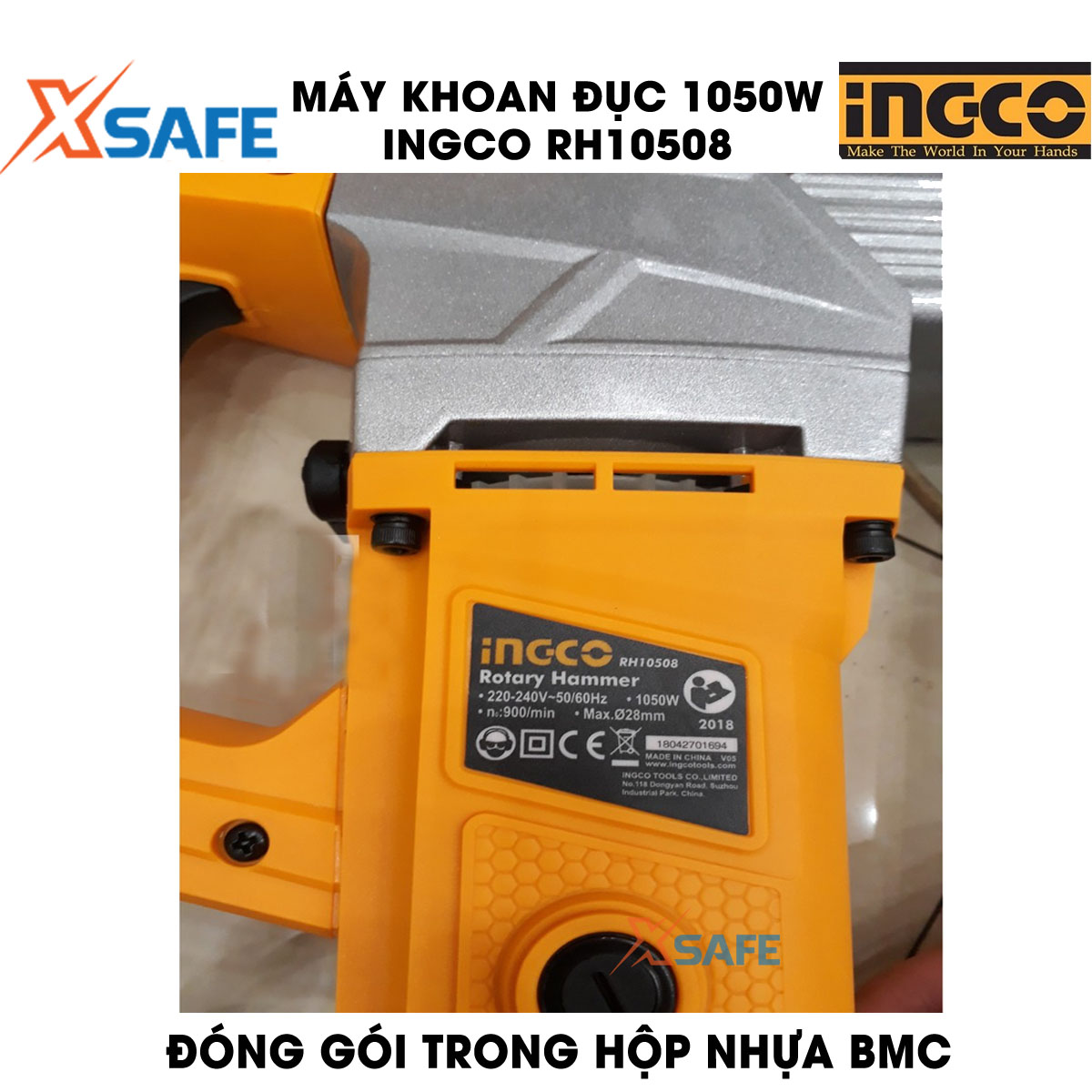 Máy khoan búa cầm tay 3 chức năng 1050w Ingco RH10508 đầu khoan gài sds, tốc độ 900rpm; tốc độ đập 4000bpm, lực đập 5j, khả năng khoan bê tông 28 mm, đục 14mm, thép 13mm, kèm 3 mũi khoan gài, 2 mũi đục Máy khoan đ