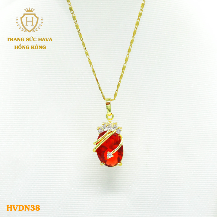 Vòng Cổ, Dây Chuyền Nữ Mặt Đính Đá (Màu Đỏ) Phong Cách Trẻ Trung, Titan Xi Mạ Vàng Non 10k, 18k, 24k Thật Cao Cấp (Không Bị Đen) - Trang Sức Hava Hong Kong