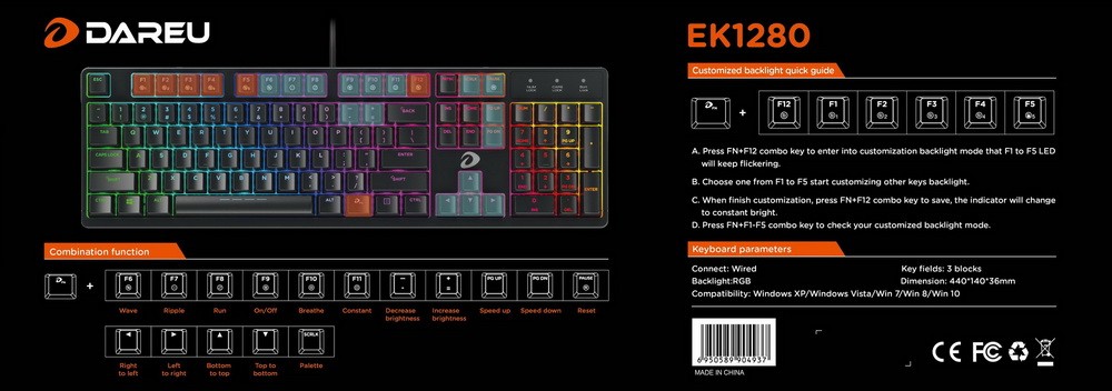 Bàn phím cơ Gaming DAREU EK1280 104Key RGB - Chính hãng BH 2 năm