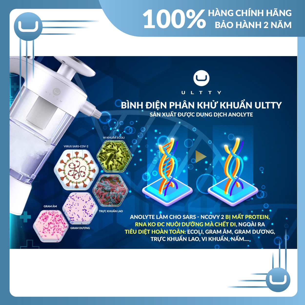 Bình Điện Phân ULTTY Sản Xuất Dung Dịch Diệt Khuẩn Anolyte, Diệt 99% Vi Khuẩn, Virut, Được Kiểm Định Bởi Viện Pasteur TP. Hồ Chí Minh