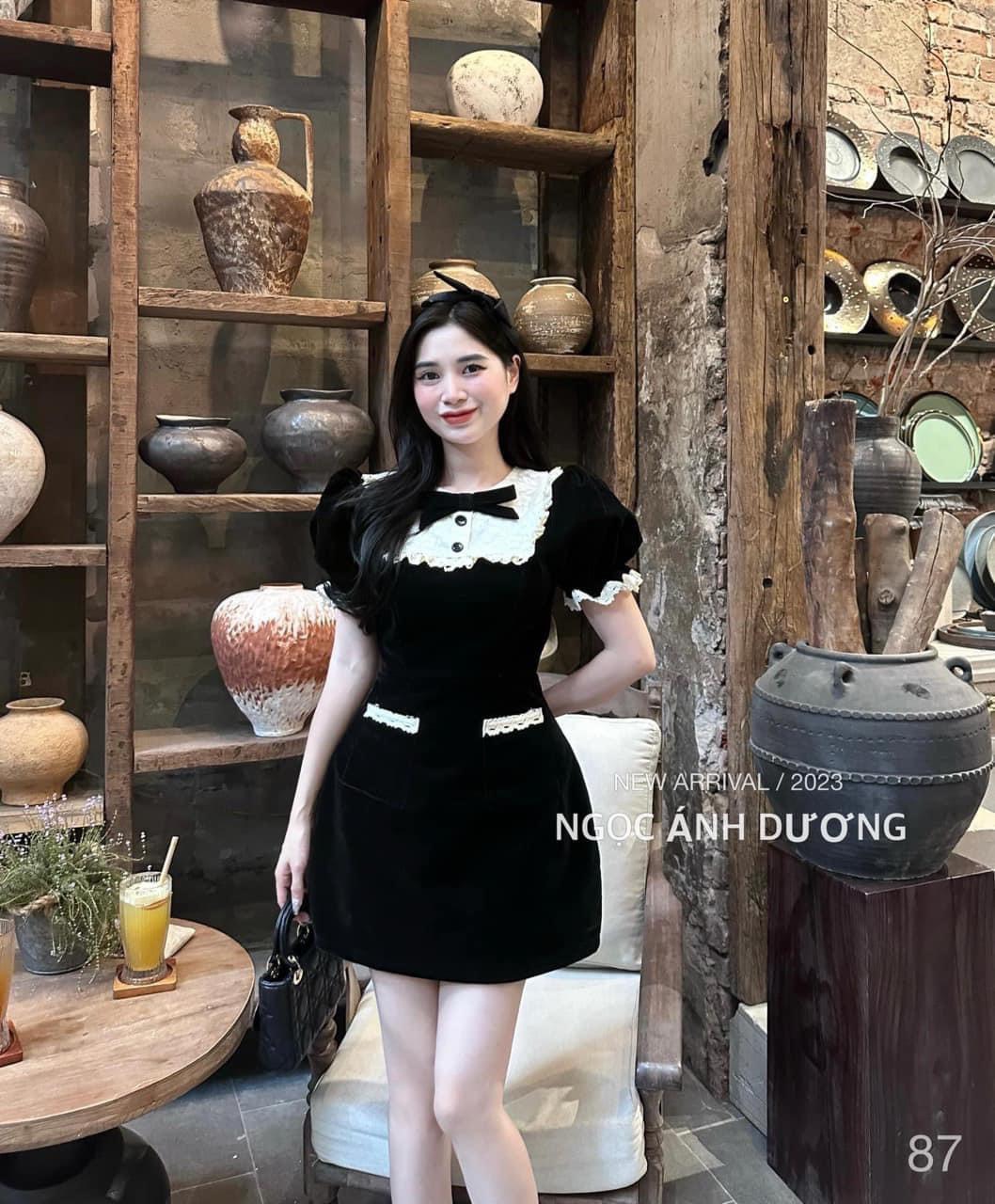 Đầm váy nữ chất liệu nhung phối cổ bèo dập ly đính nơ thiết kế sang chảnh, Đầm nhung cổ phối voan