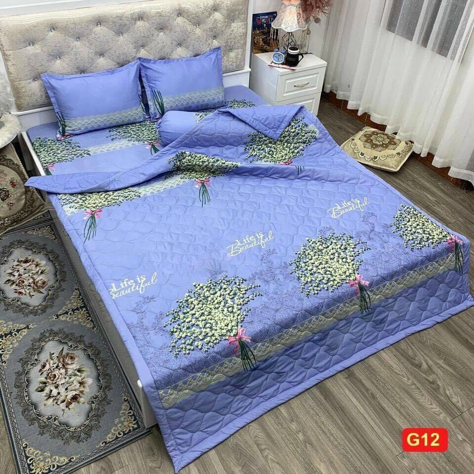 [HCM]Bộ Chăn Ga Gối 5 Món- 4 Món Cotton Poly Hoa Xanh (1m6 x 2m) - (1 Drap + 2 Vỏ Gối Nằm + 1 Chăn Hè + 1 Vỏ Gối Ôm)
