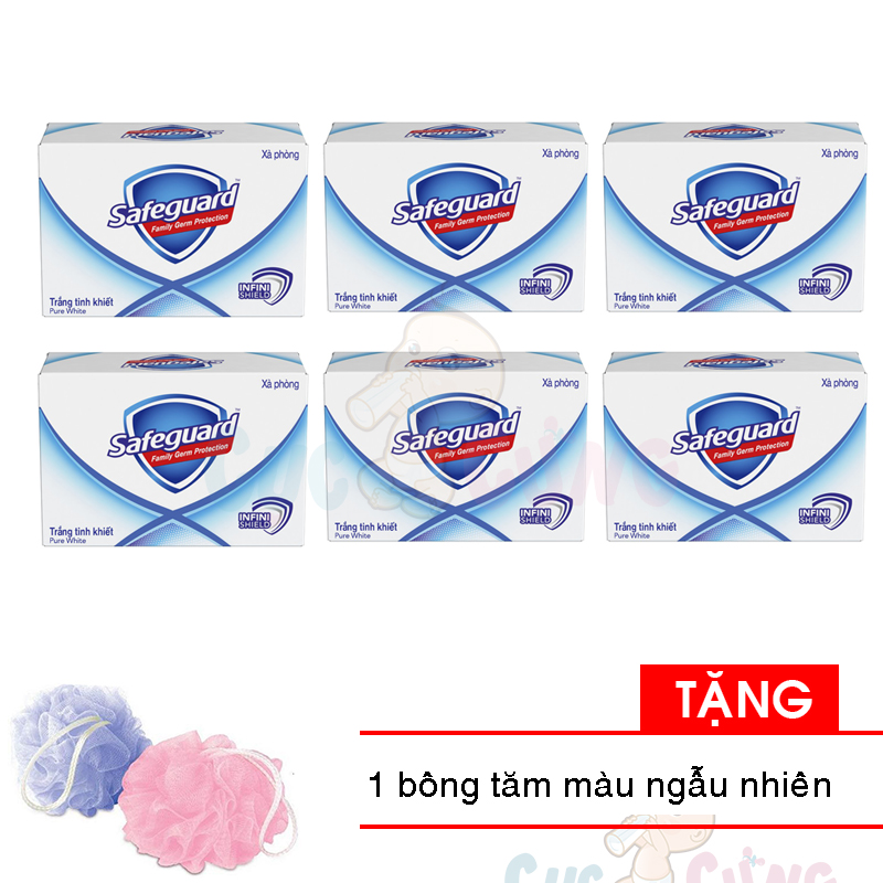 Set 6 xà bông cục - cục xà phòng Safeguard Pure White diệt khuẩn 130g/cục Tặng 1 bông tắm màu ngẫu nhiên