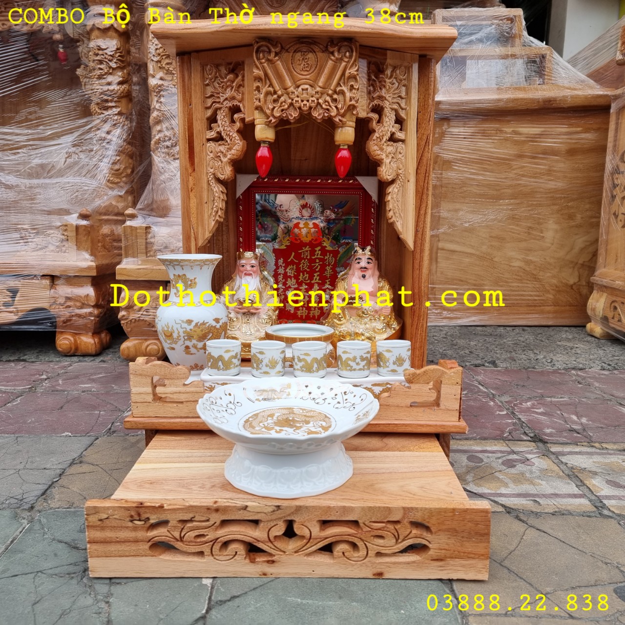 COMBO Bộ bàn thờ gỗ xoan ngang 38cm mẫu đẹp
