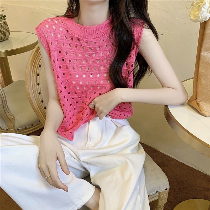 -Áo len đan ba lỗ kiểu lưới sexy phong cách retro HQ