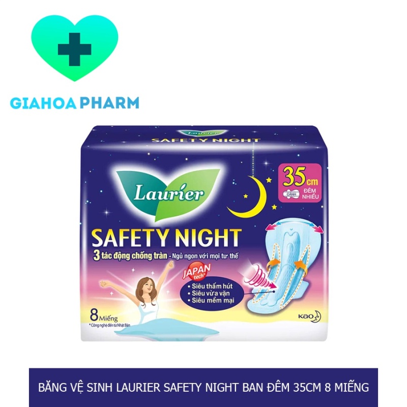 Băng vệ sinh Laurier Safety night 35cm có cánh (Gói 8 miếng) dành cho đêm nhiều nhập khẩu