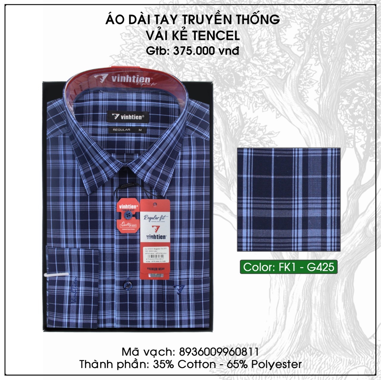 [CHĨNH HÃNG] Áo Sơ Mi  Cotton Tay Dài Dáng Reguler Fom Suông _ Vạt Ngang Vĩnh Tiến AD375