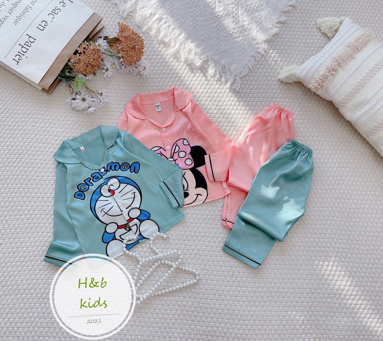 [8 -45 kg ] Bộ Mặc Nhà Lụa dài tay cao cấp -  Pijama Lụa 3D Chất Mềm Mịn An Toàn Cho Da Bé
