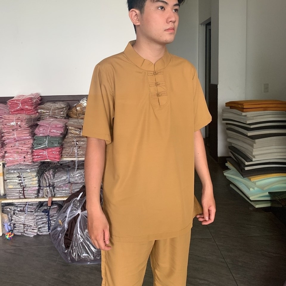 BA NÚT NGẮN NAM Trang phục truyền thống, Quần Áo nam Phật Tử, Đồ Lam Phật Đi Chùa mẫu 3 nút mã PNN01N