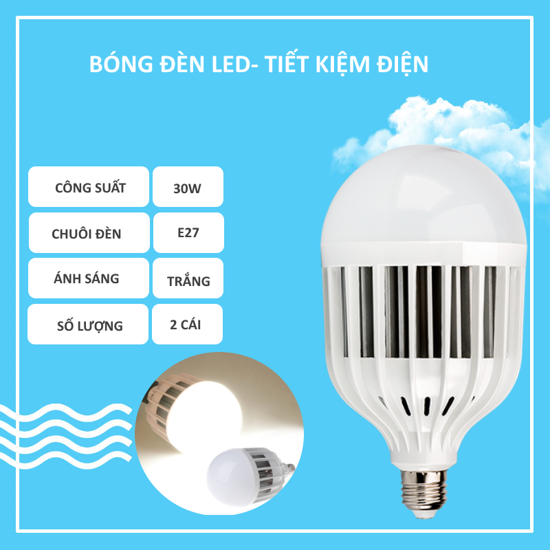 2 bóng đèn led tròn tản nhiệt 30w - ánh sáng trắng- siêu sáng