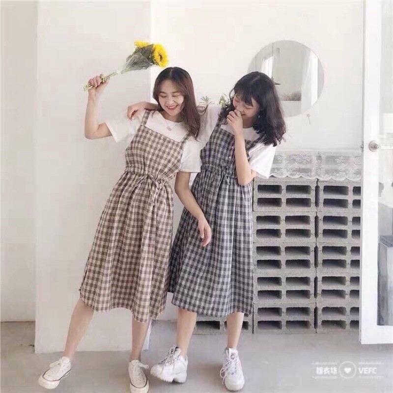 BIG SALE -  yếm váy rút eo kẻ màu (kèm ảnh thật )