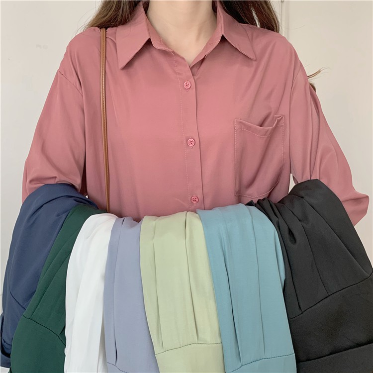 Áo sơ mi nữ dài tay Lụa Hàn form rộng Madela kiểu dáng basic- ASM05