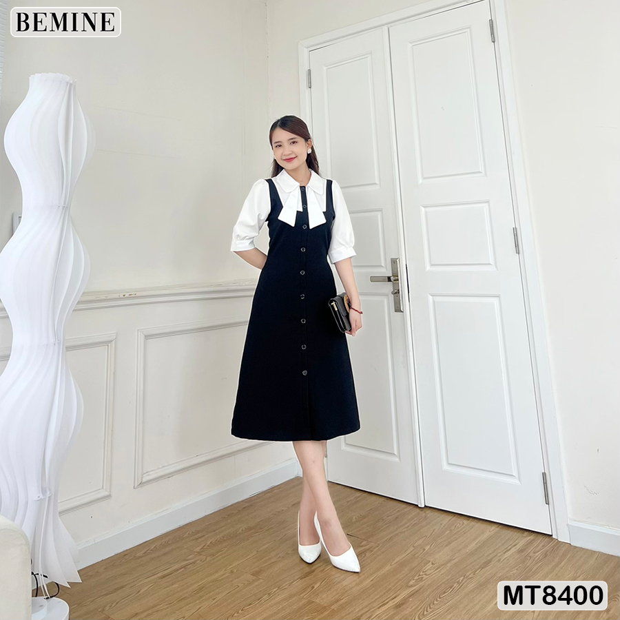 Đầm phối tay cổ sơ mi nơ BEMINE MT8400