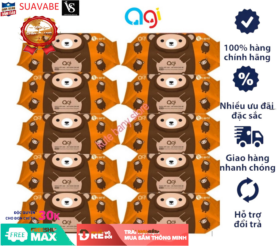Combo 10 Khăn Ướt Agi 100 Tờ Không Hương (Màu Ngẫu Nhiên)