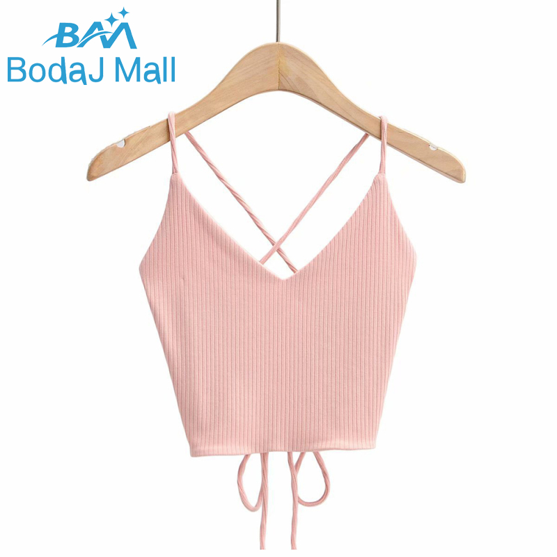 BL Women Vest Retro Knitted Camisole Sexy Cross Strap Halternecks Solid