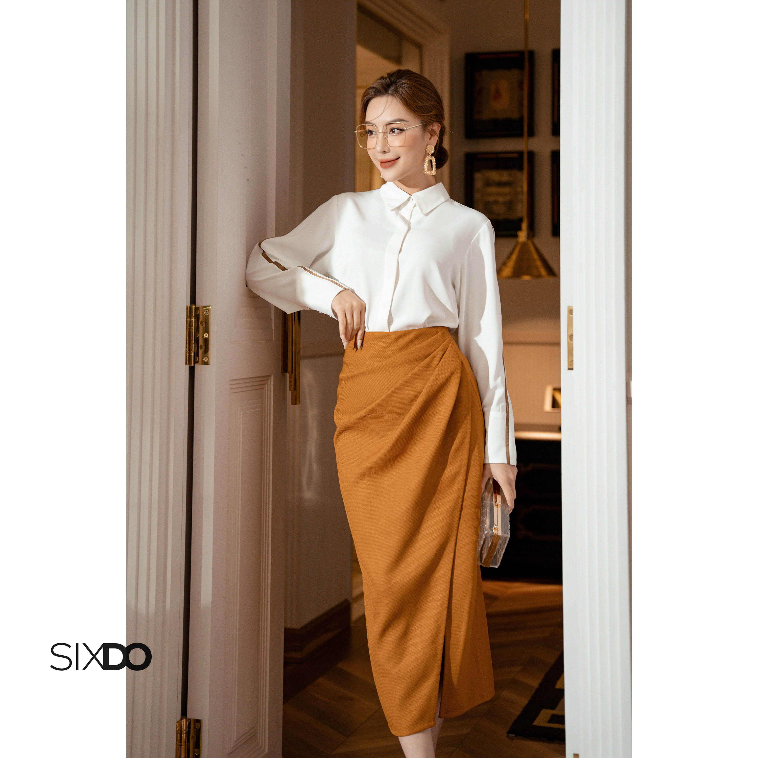 Chân váy thô nhúm eo SIXDO (Caramel Wraparound Midi Raw Skirt)