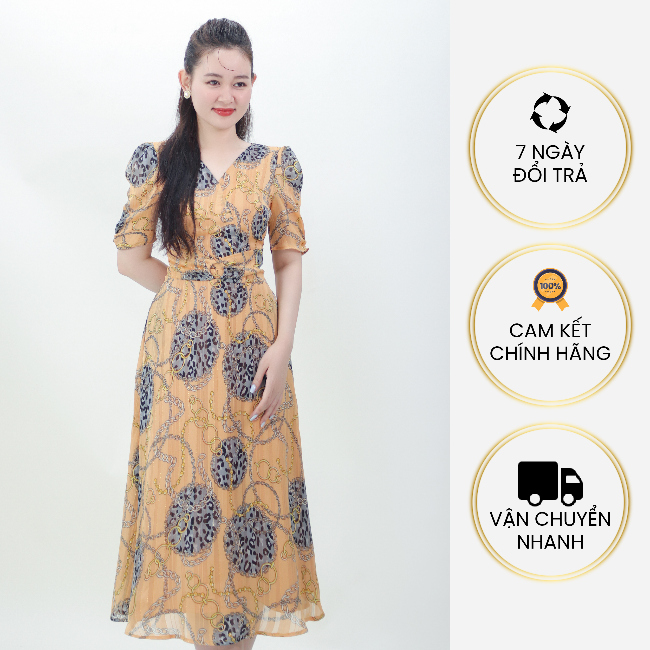 Đầm xòe midi cổ tim có khoen eo - Vàng 3860