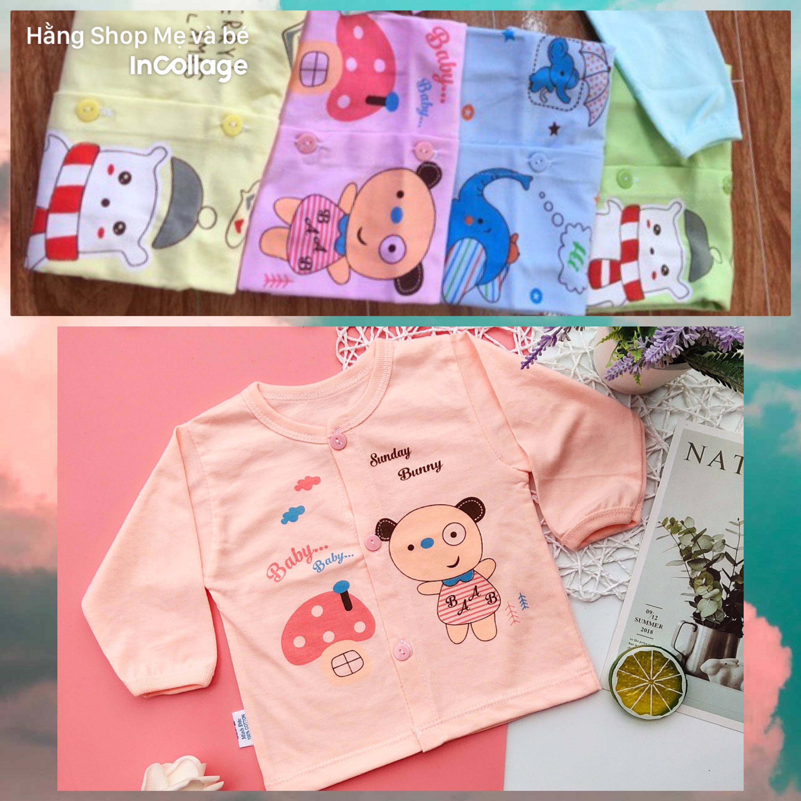 Áo dài tay cotton in hình 2 vạt cho bé 3-10kg / áo sơ sinh dài tay cho bé trai và bé (nhiều màu)